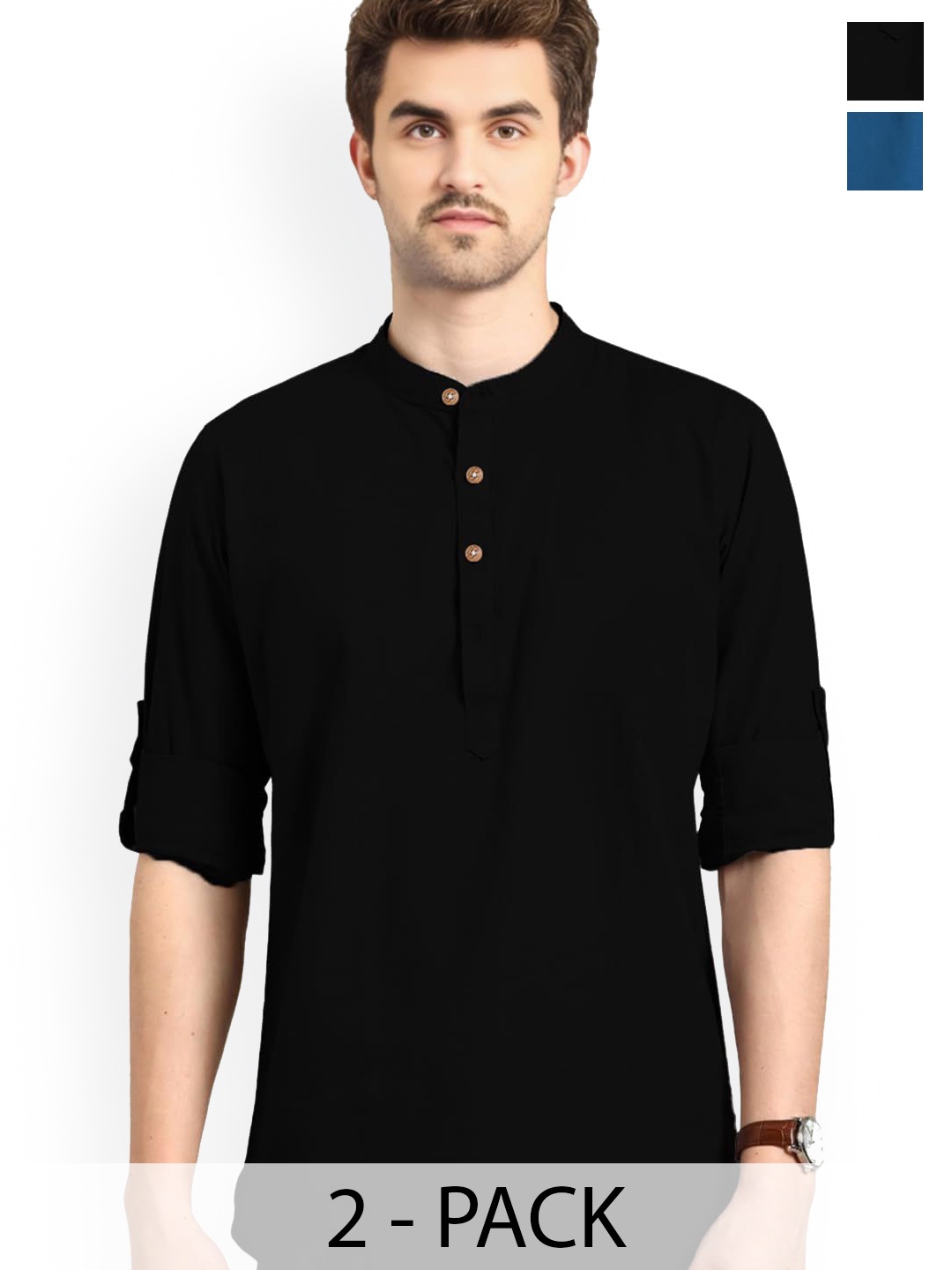 

Vida Loca Pack Of 2 Band Collar Roll-Up Sleeves Cotton Straight Short Kurtas, Black