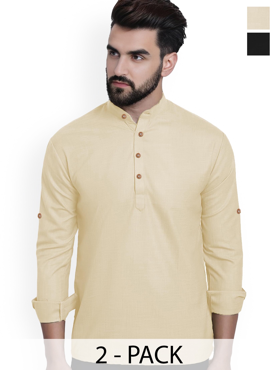 

Vida Loca Selection Of 2 Band Collar Cotton Straight Short Kurtas, Beige