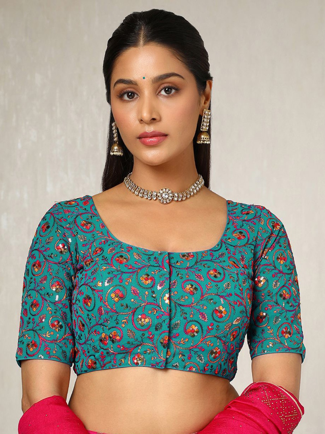 

Soch Embroidered U Neck Saree Blouse With Sequins, Teal