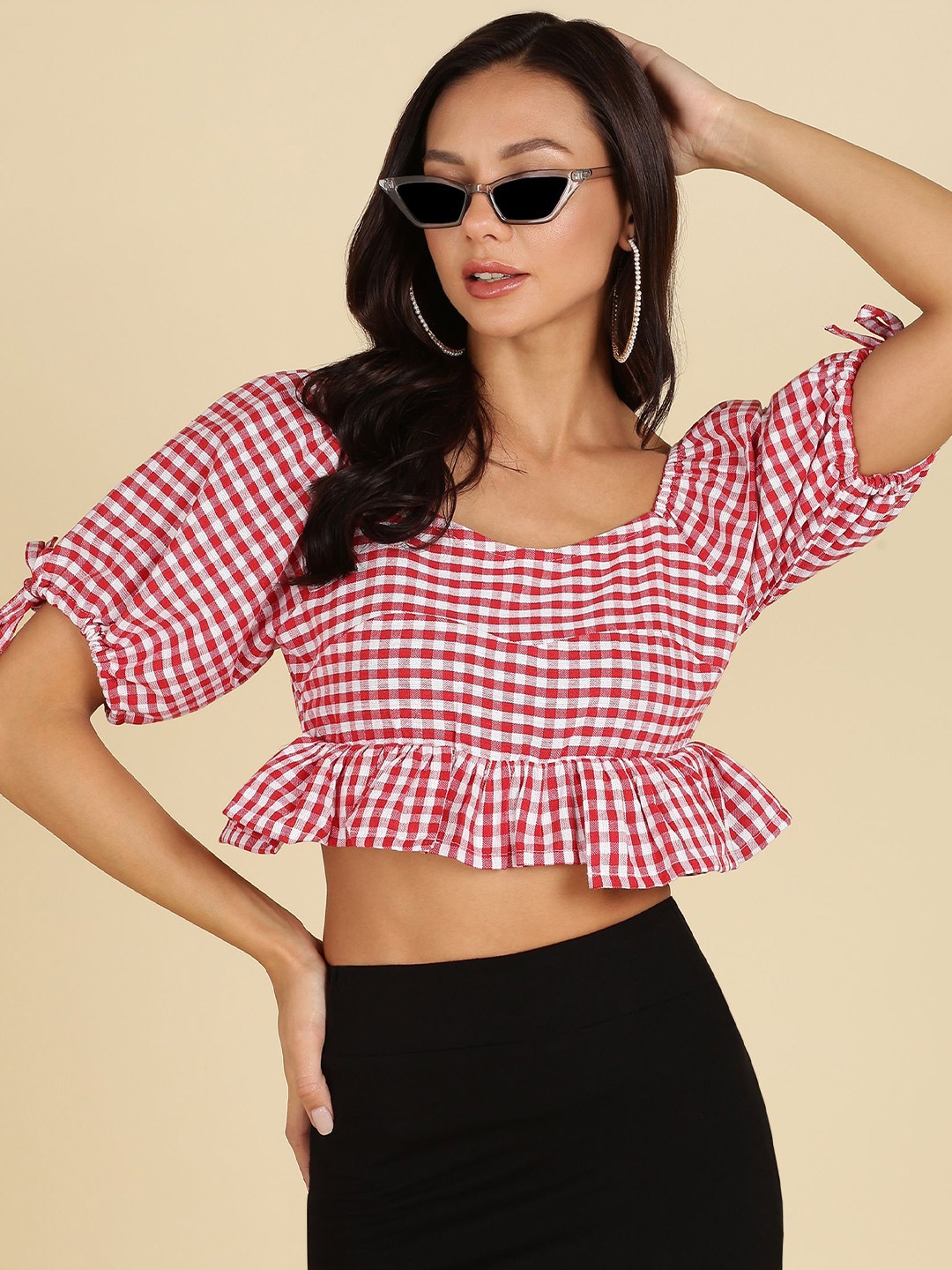 

MISS HAUTE Checked Cotton Crop Top, Red
