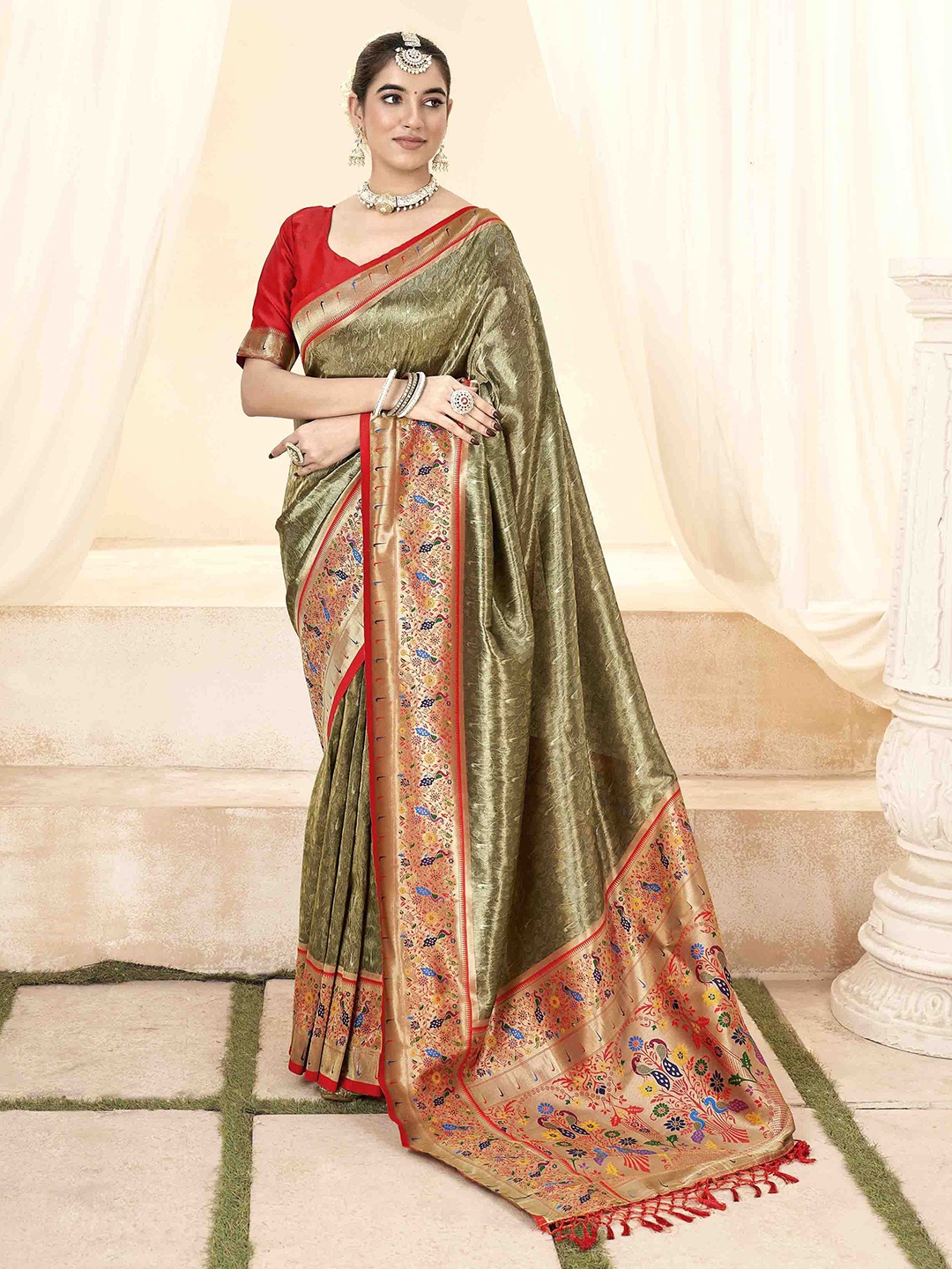 

Mitera Woven Design Zari Silk Blend Paithani Saree, Olive