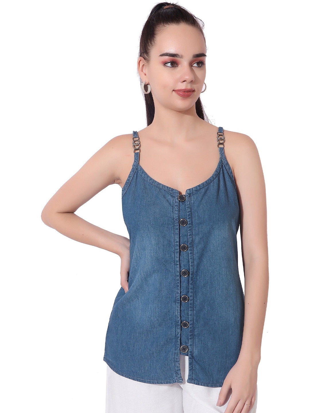 

CEFALU Sweetheart Neck Denim Crop Top, Blue