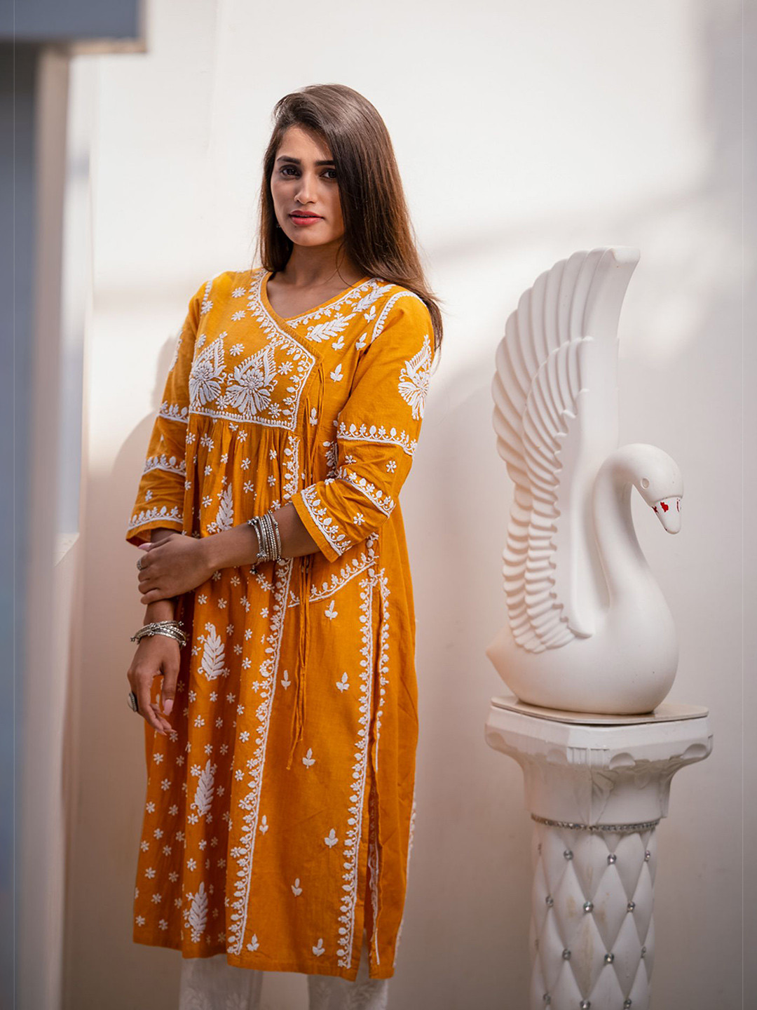 

Club Loom Women Ethnic Motifs Embroidered Pure Cotton Chikankari Angrakha Kurta, Yellow