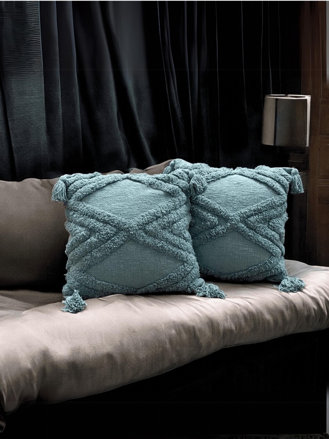 

LUSHLYF Tufted Blue 2 Pieces Geometric Textured Cotton Square Cushion Covers