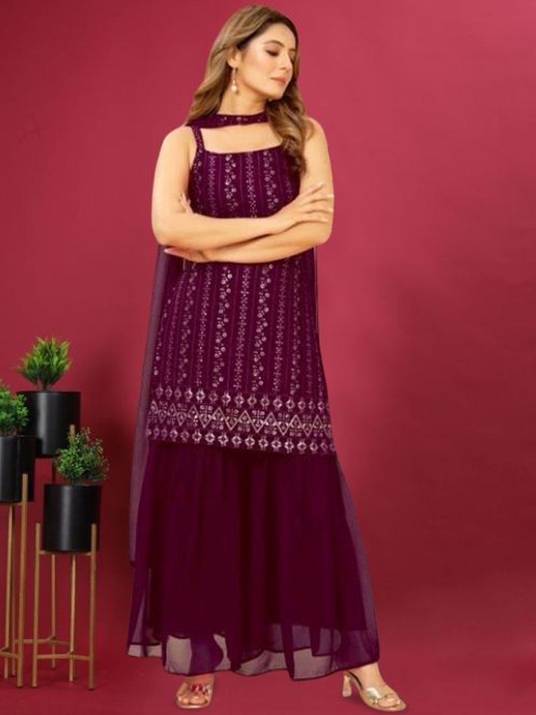 

PARROT CREATION Embroidered Straight Sequinned Kurti With Palazzos And Dupatta, Purple