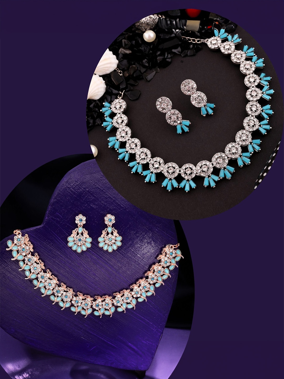 

DIVASTRI Set Of 2 Silver Plated Plated Artificial Stones Studded Jewellery Set