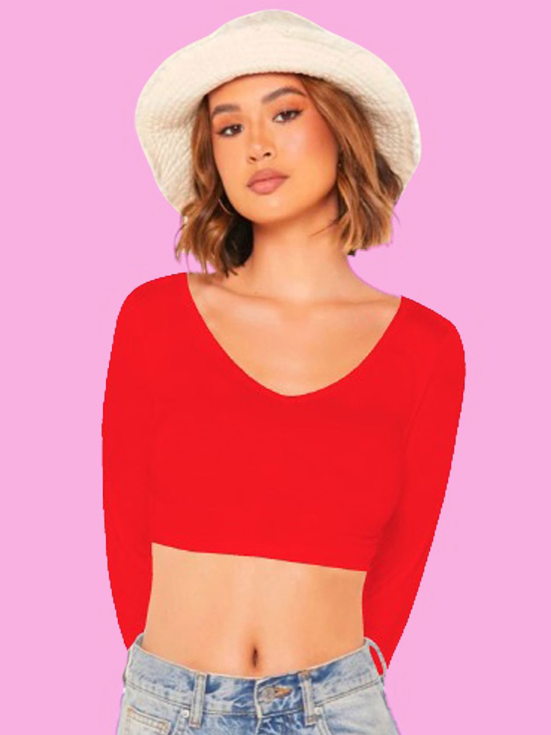 

Dream Beauty Fashion Women Solid V-Neck Long Sleeves Crop Fitted Top, Red