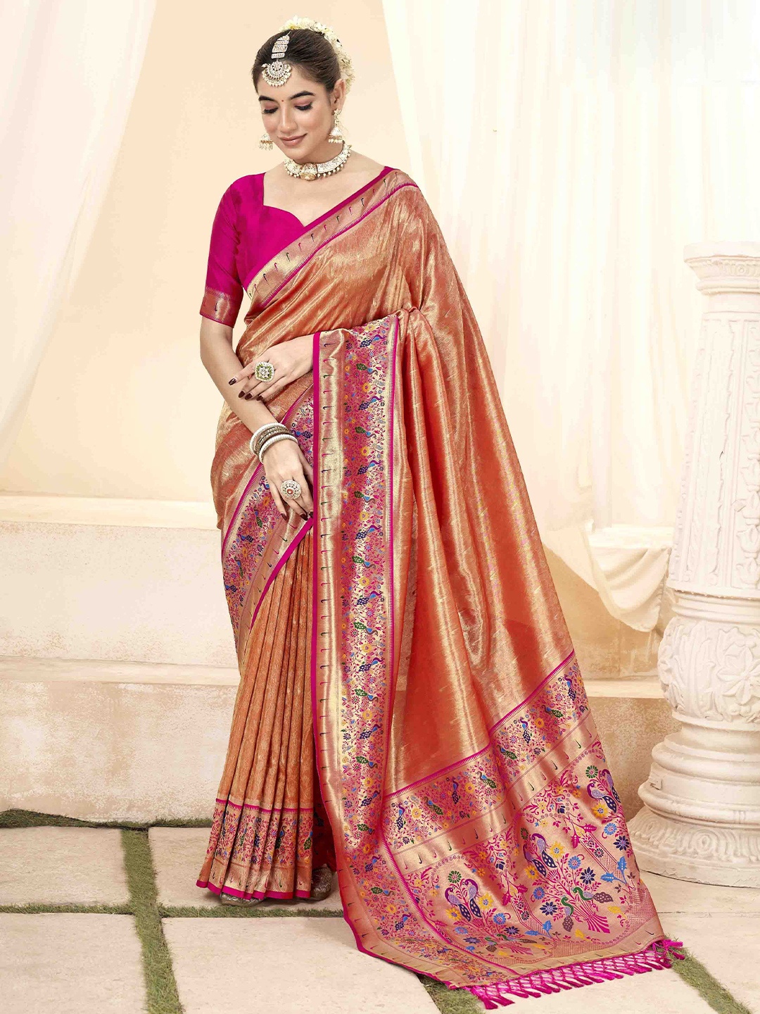

Mitera Woven Design Zari Handloom Paithani Saree, Rust