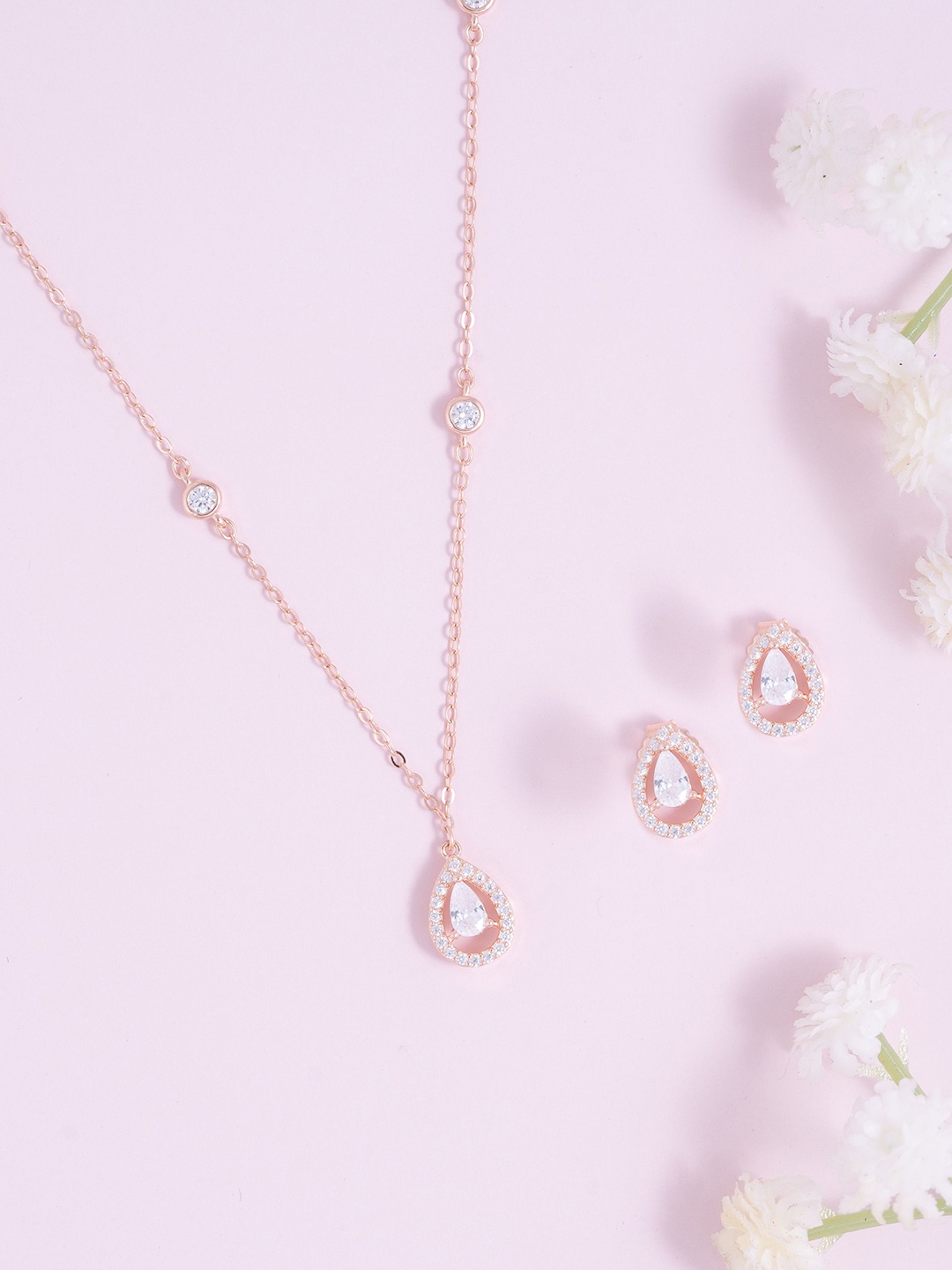 

GLYTERS 925 Sterling Silver Rose Gold Plated Crystal Studded Jewellery Set
