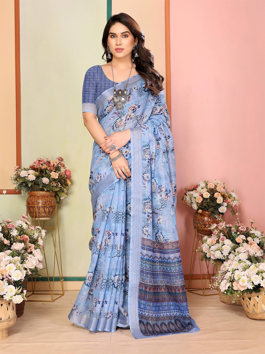 

Moda Rapido Floral Zari Chanderi Saree, Turquoise blue