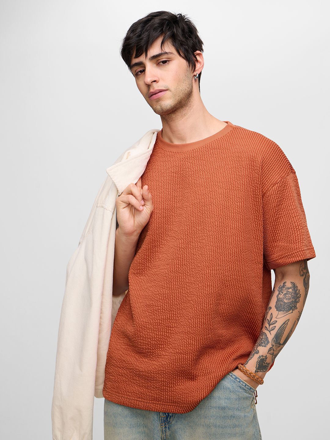 

The Souled Store Men Self Design Round Neck Cotton Oversized T-shirt, Rust