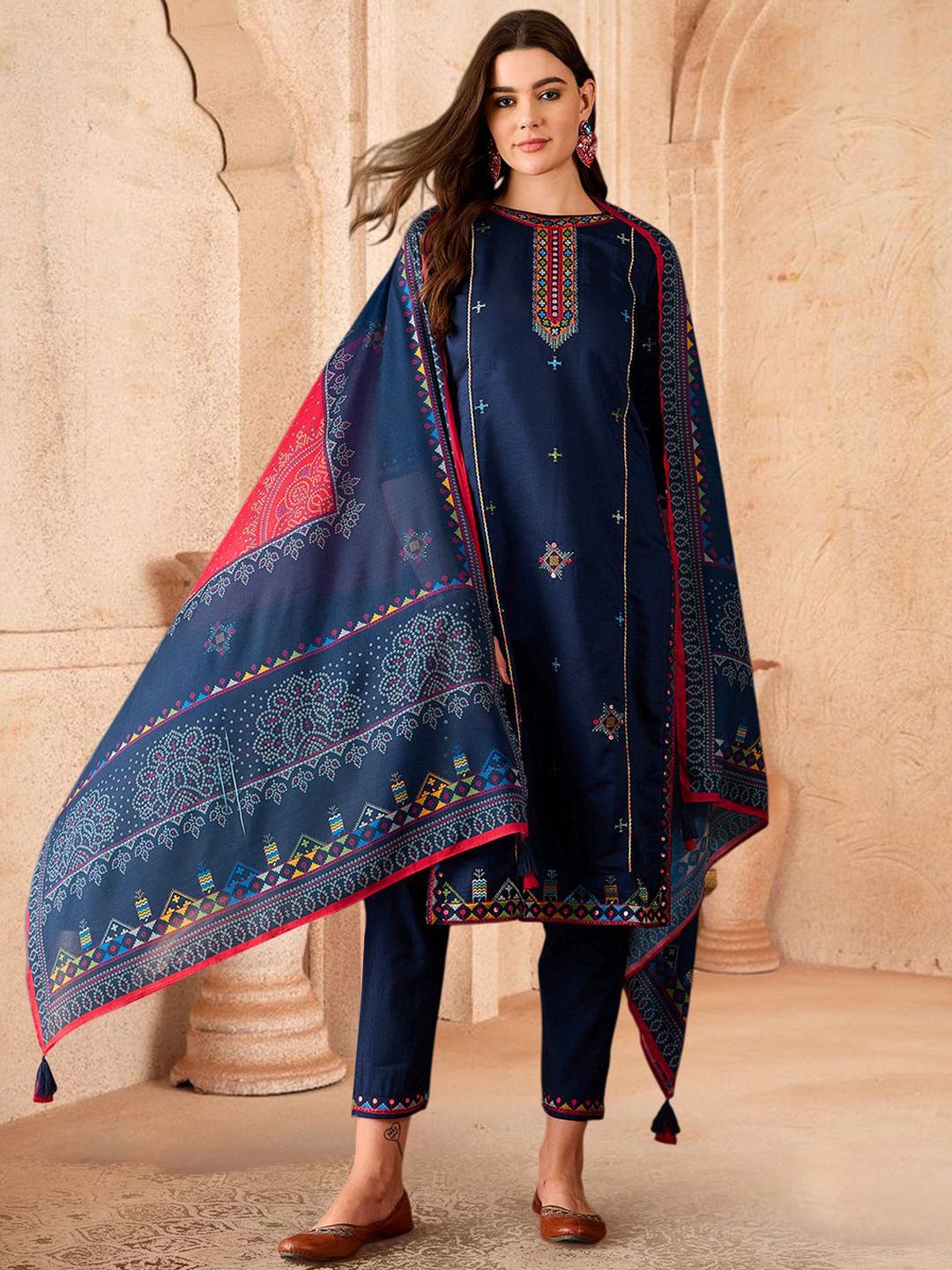 

Sangria Sequence Embroidered Straight Kurta & Trousers With Dupatta, Blue