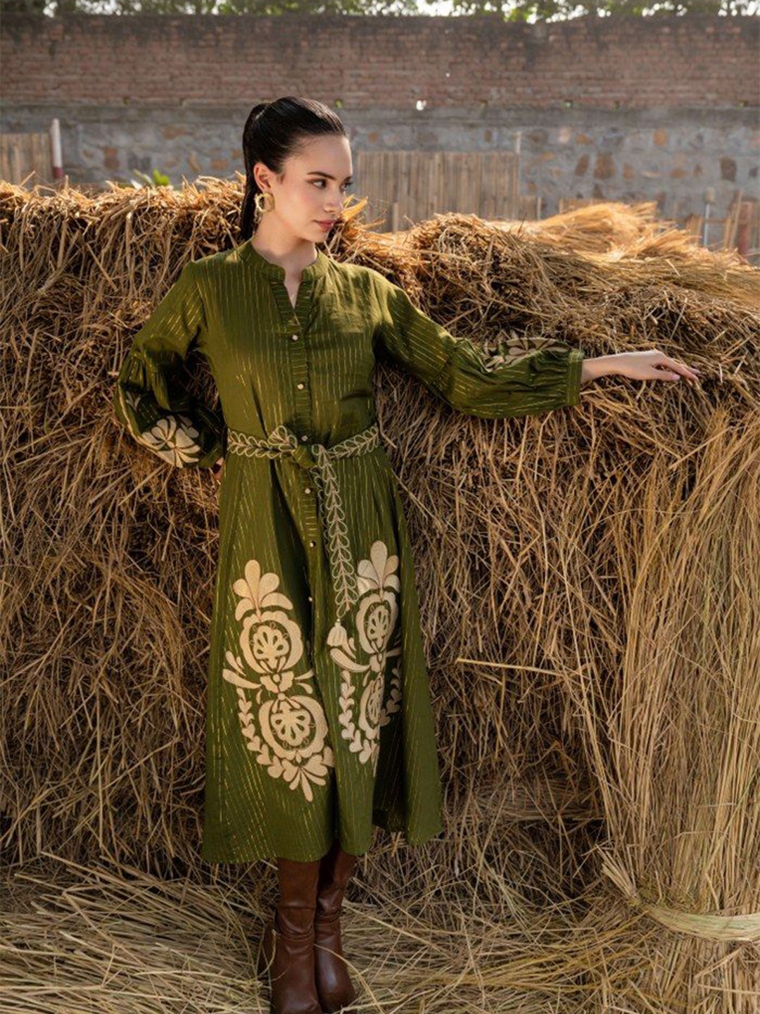 

CUSTARD Women Green Printed Below Knee Length A-Line Dress