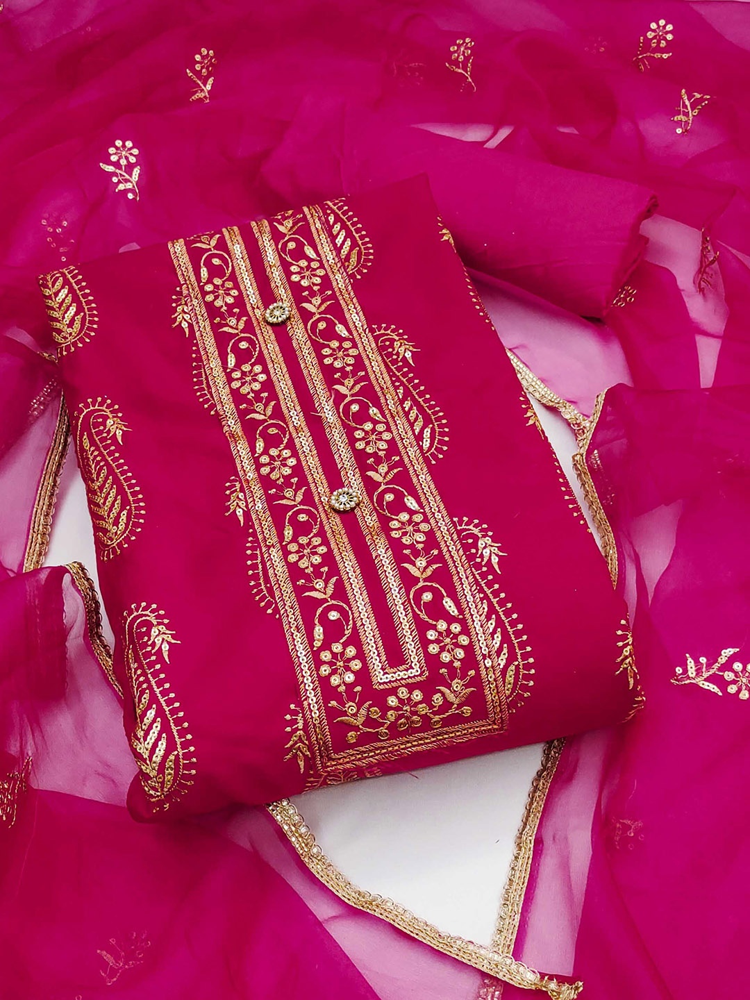 

SAINOOR Paisley Embroidered Sequinned Roman Cotton Semi-Stitched Dress Material, Pink