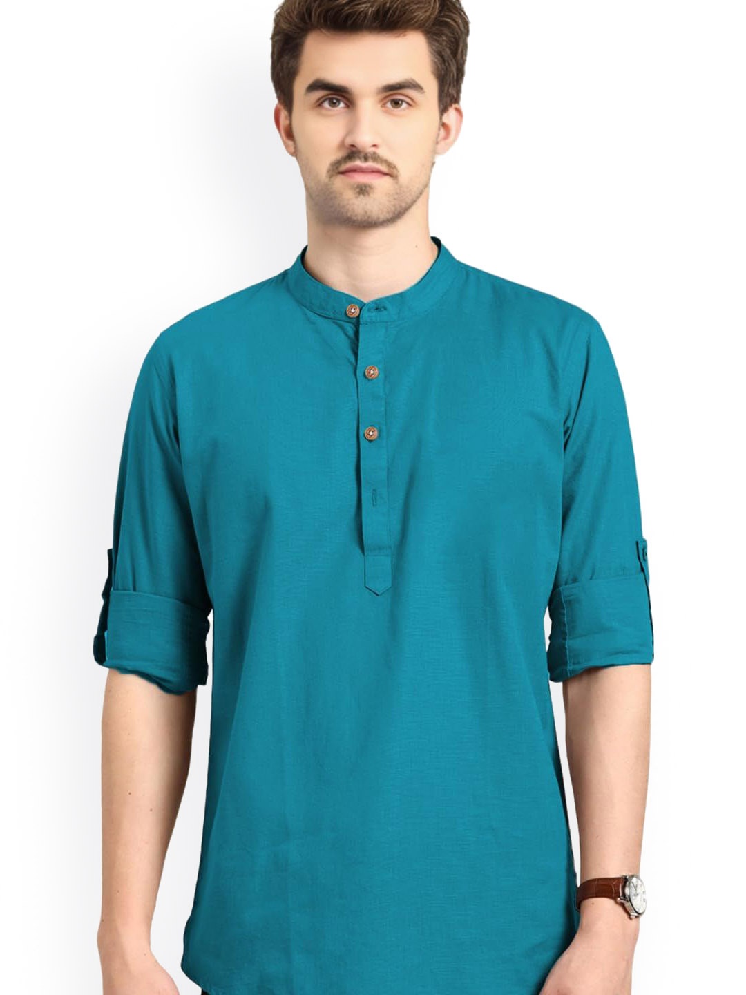 

Vida Loca Mandarin Collar Pure Cotton Kurta, Turquoise blue