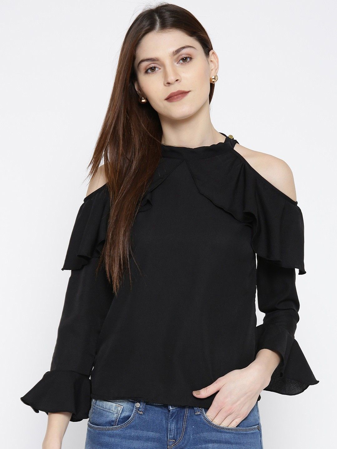 

Moda Rapido Women Solid Halter Neck Cold-Shoulder Sleeves Regular Top, Black