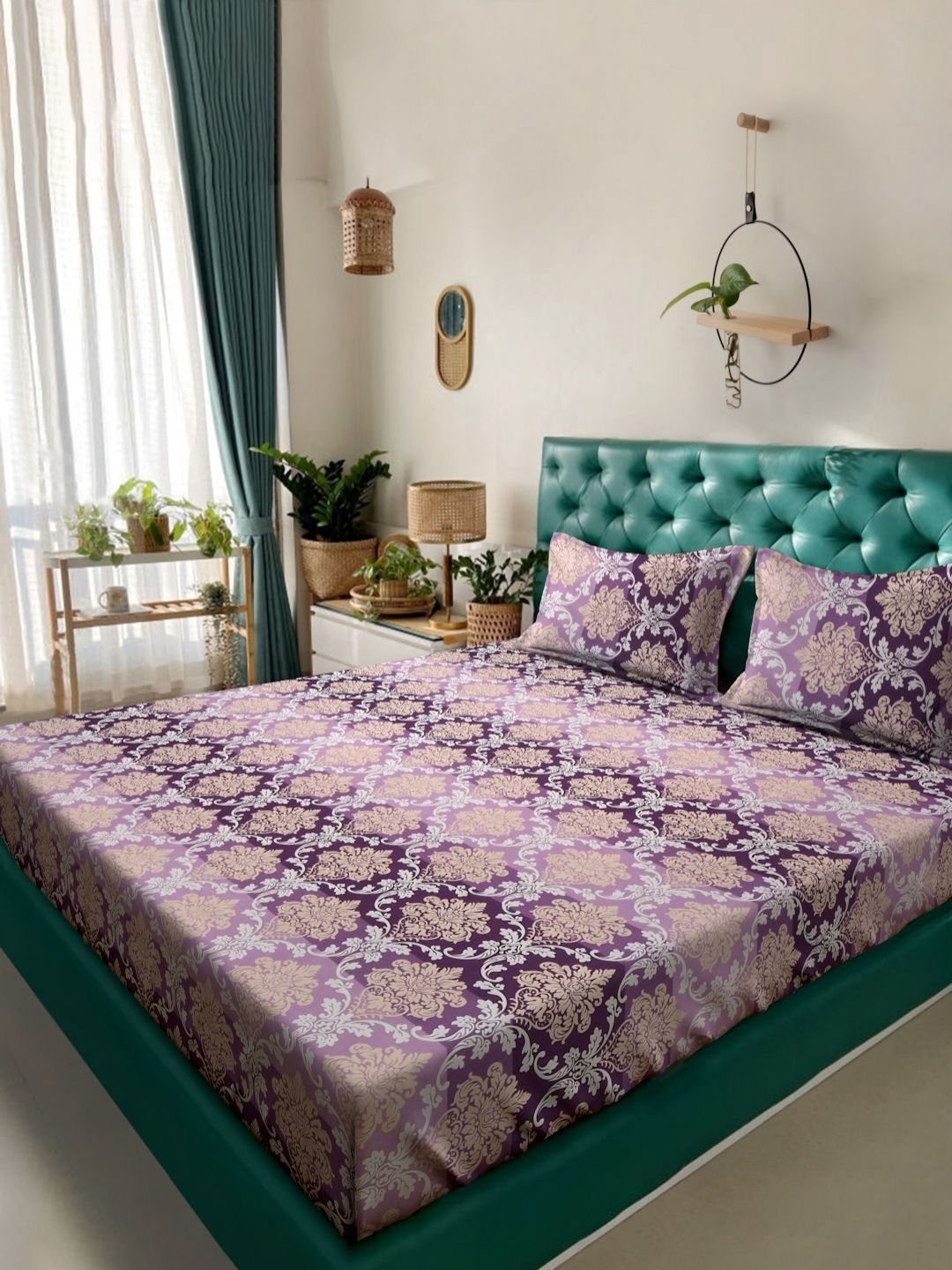 

KLOTTHE Purple Floral Printed Flat 300 TC King Bedsheet With 2 Pillow Cover