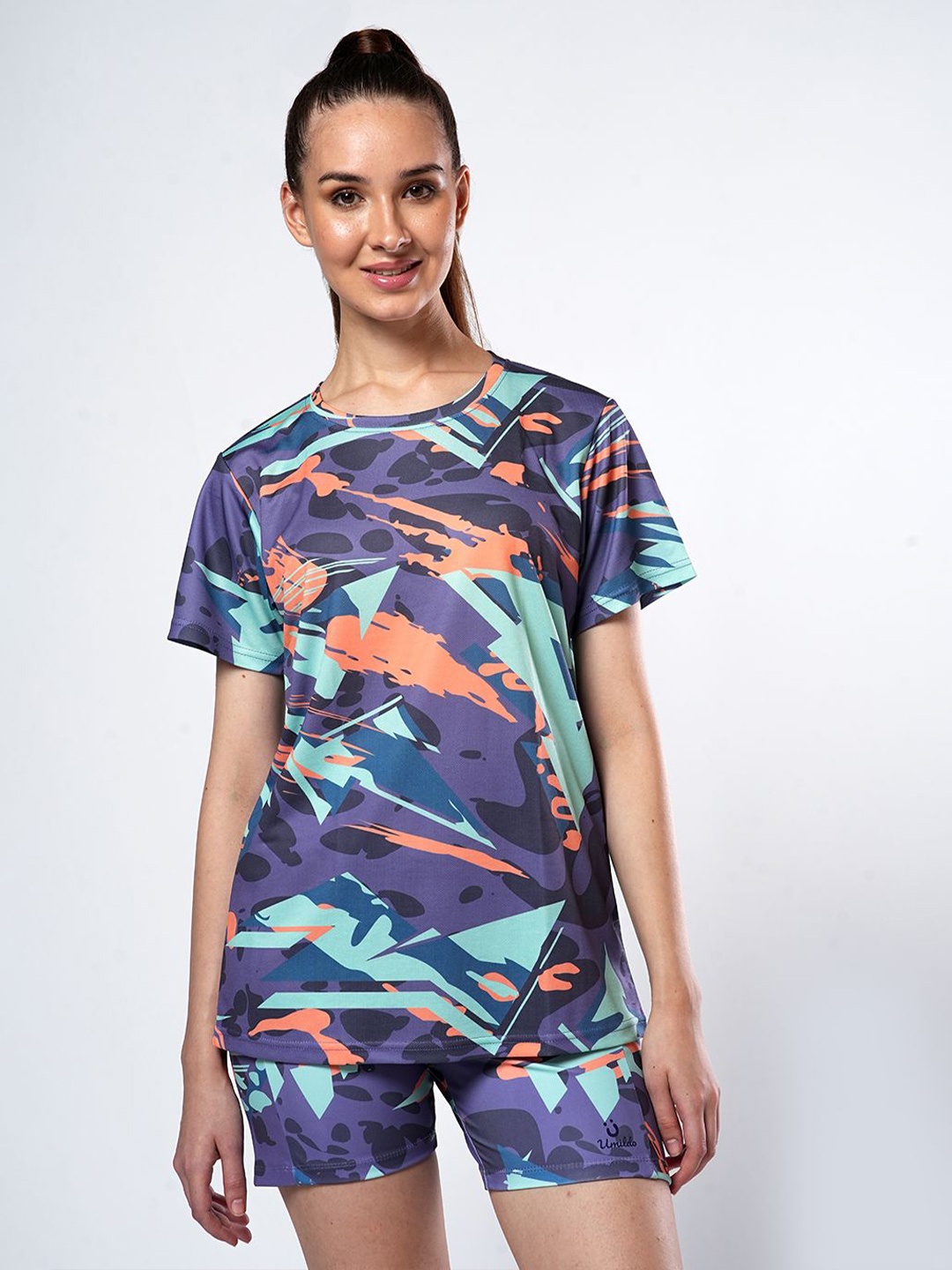 

UMILDO Abstract Printed Round Neck T-shirt With Shorts, Purple