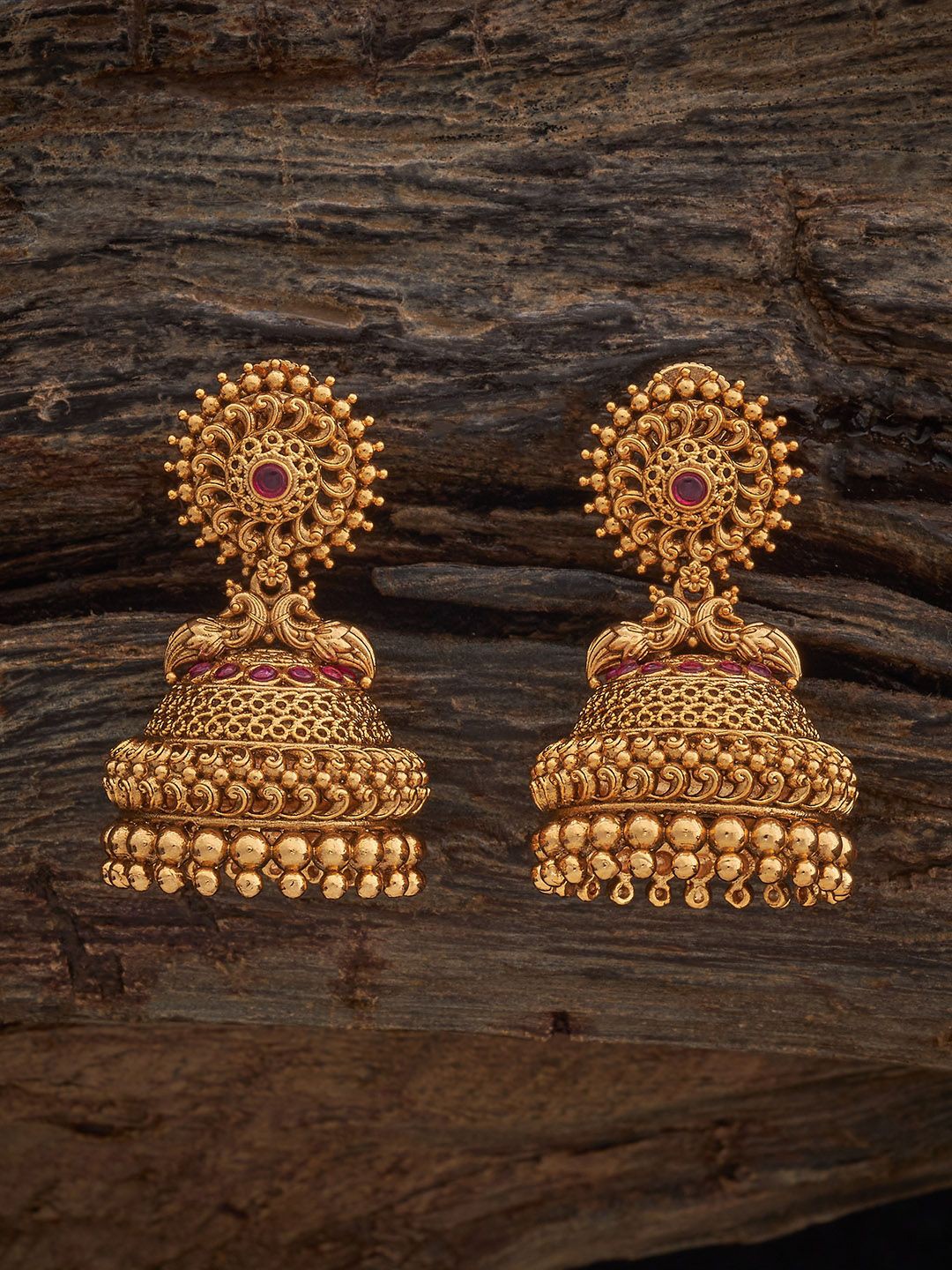 

Kushal's Fashion Jewellery Gold Plated Ruby Studded Antique Dome Shaped Jhumkas Earrings