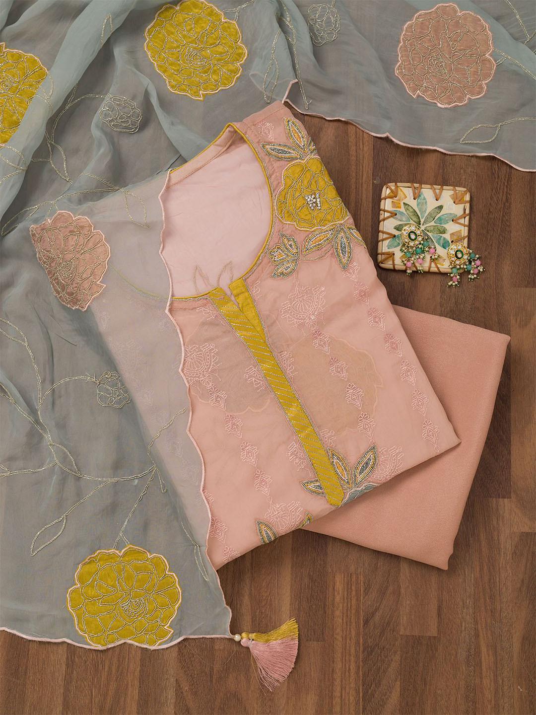 

Koskii Floral Embellished Beads and Stones Unstitched Dress Material, Pink