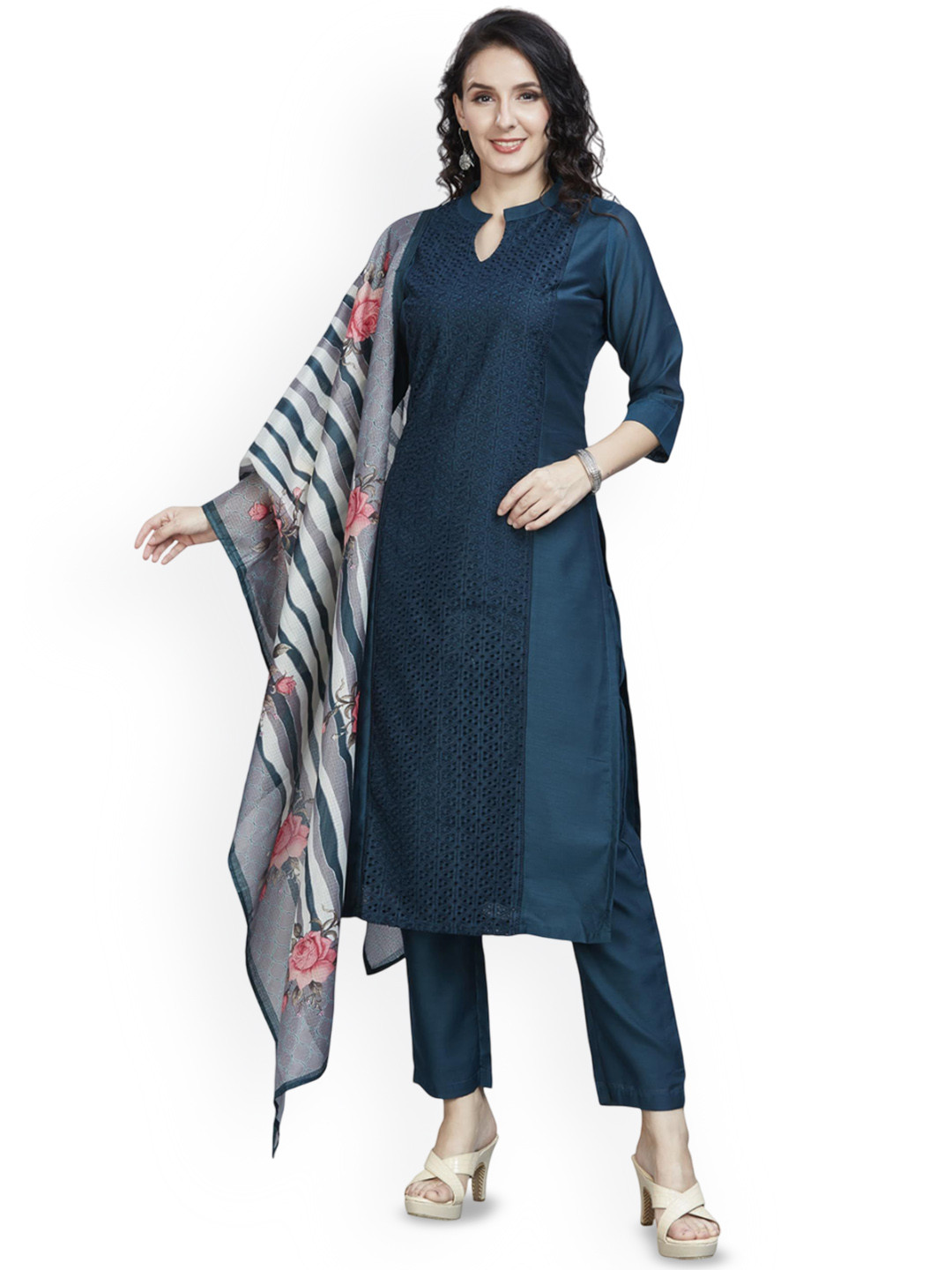 

Nioni Self Design Mandarin Collar Chanderi Cotton Straight Kurta With Trousers & Dupatt, Teal
