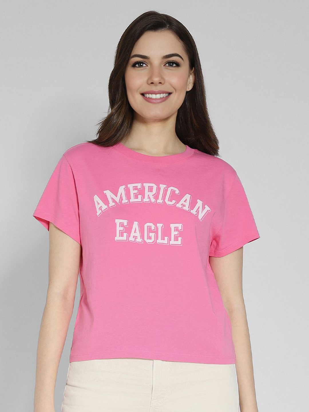 

AMERICAN EAGLE OUTFITTERS Women Typography Printed Round Neck Cotton T-shirt, Pink