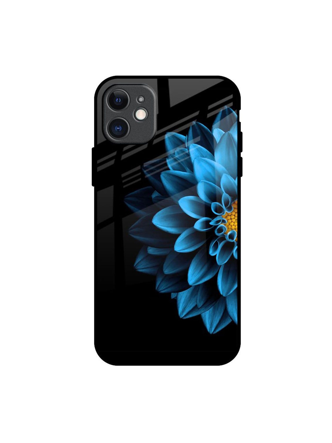 

QRIOH Half Blue Flower Real Printed iPhone 11 Back Case, Black
