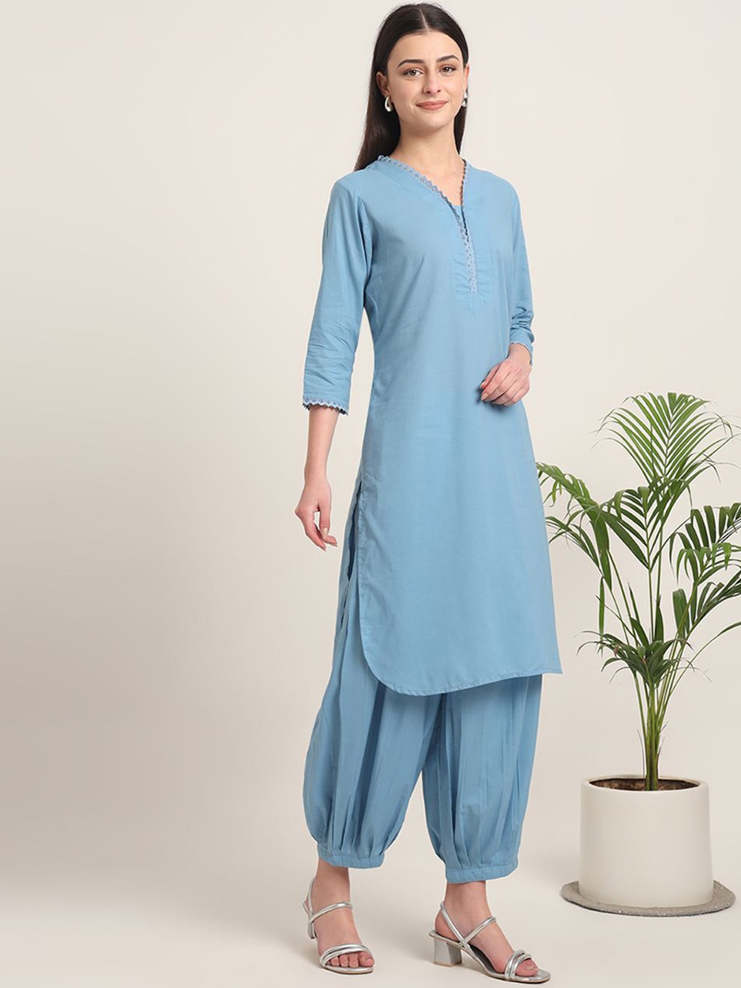 

Thevasa Women V-Neck Lace Cotton A-Line Kurta, Blue