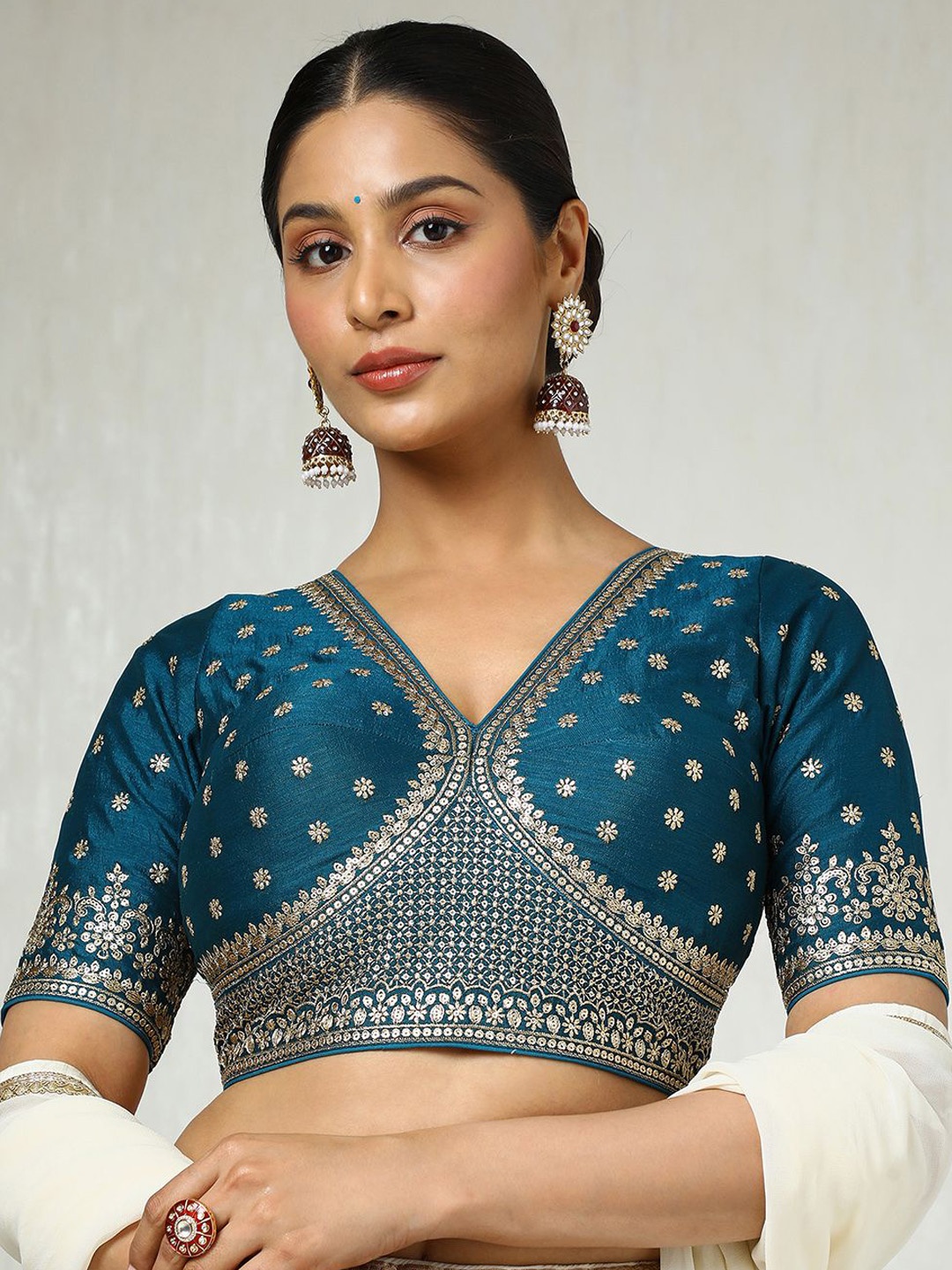 

Soch Embroidered V Neck Saree Blouse With Sequins, Teal