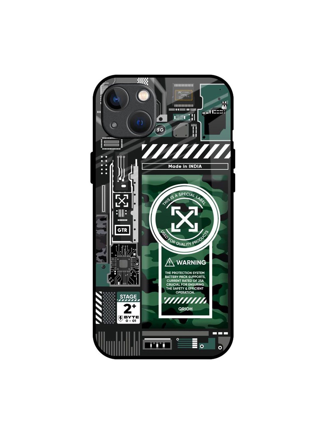 

QRIOH Green Camo Circuit Printed iPhone 13 Back Case, Black