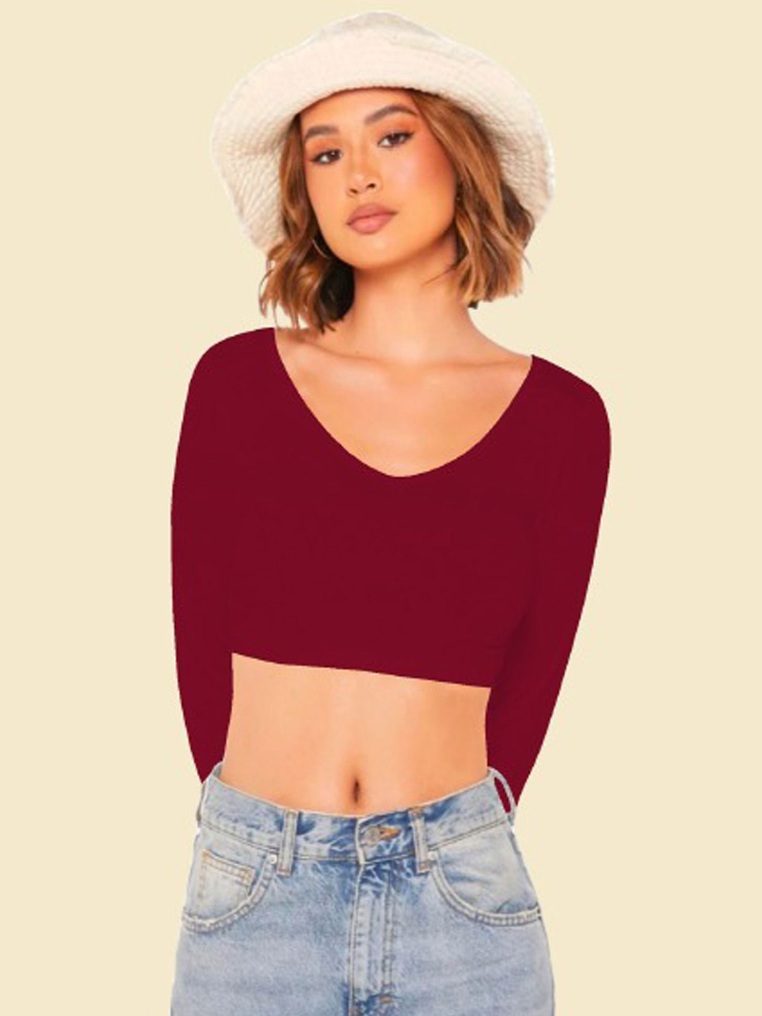 

Dream Beauty Fashion Women V-Neck Long Sleeves Fitted Crop Top, Maroon