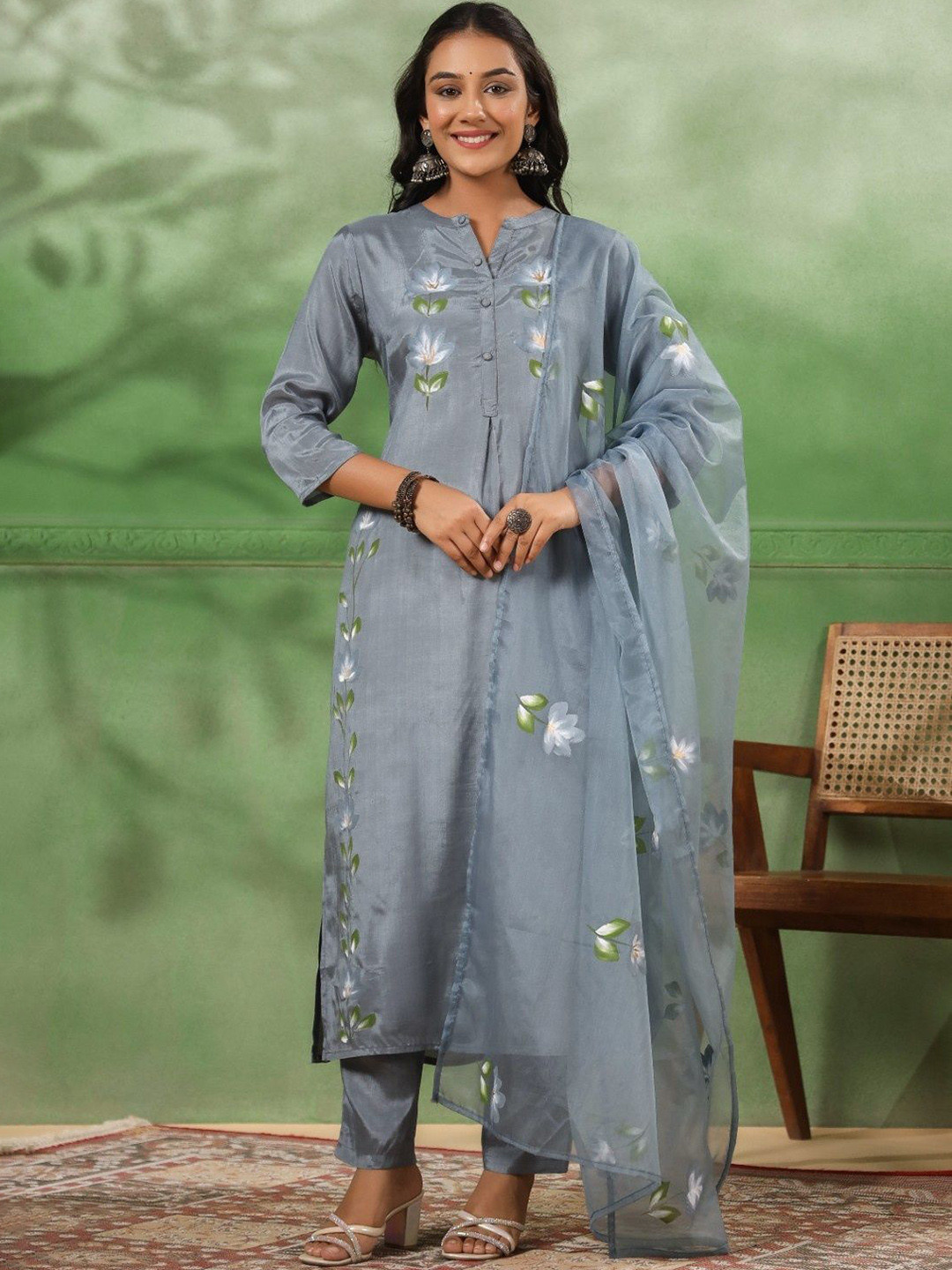 

mirari Floral Printed Mandarin Collar Pure Cotton Straight Kurta With Trousers & Dupatta, Grey