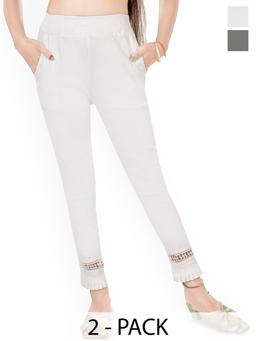 

Fessist Women Pack Of 2 Relaxed Slim Fit Easy Wash Pleated Cigarette Trousers, Multi