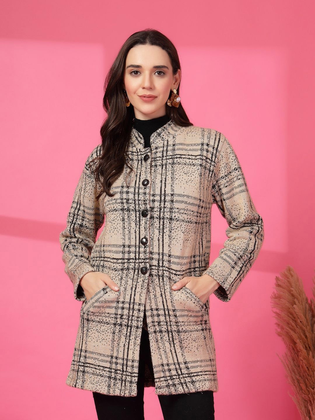 

Moda Rapido Geometric Checked Mandarin Collar Woollen Longline Top, Beige