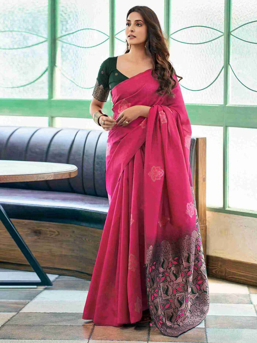 

A TO Z CART Woven Design Zari Pure Silk Banarasi Saree, Pink