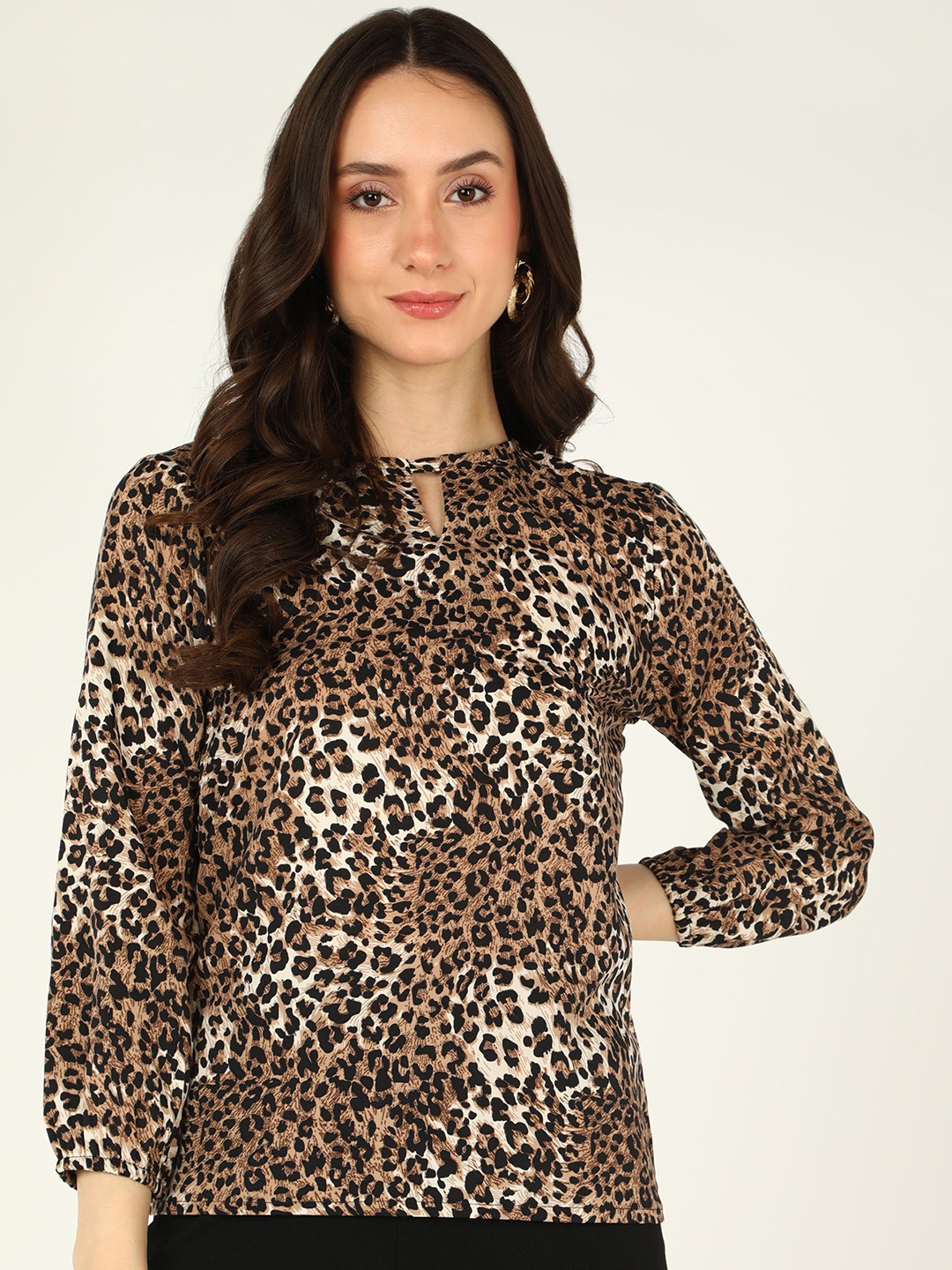 

MISS HAUTE Animal Print Keyhole Neck Puff Sleeve Crepe Top, Multi