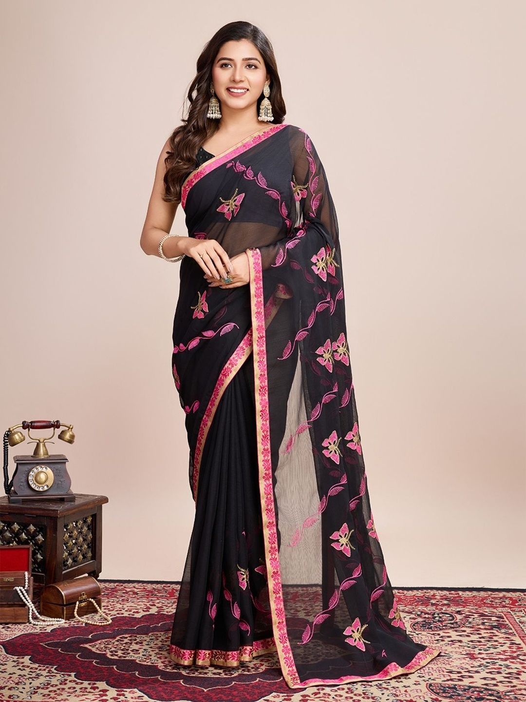 

ODETTE Black And Pink Georgette Embroidered Saree With Unstitched Blouse