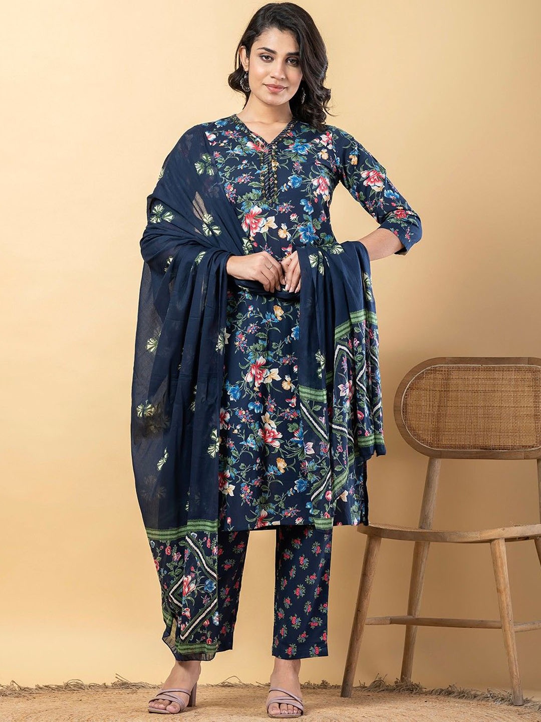 

Readiprint Fashions Floral Embroidered V-Neck Cotton Straight Kurta With Trouser & Dupatta, Blue