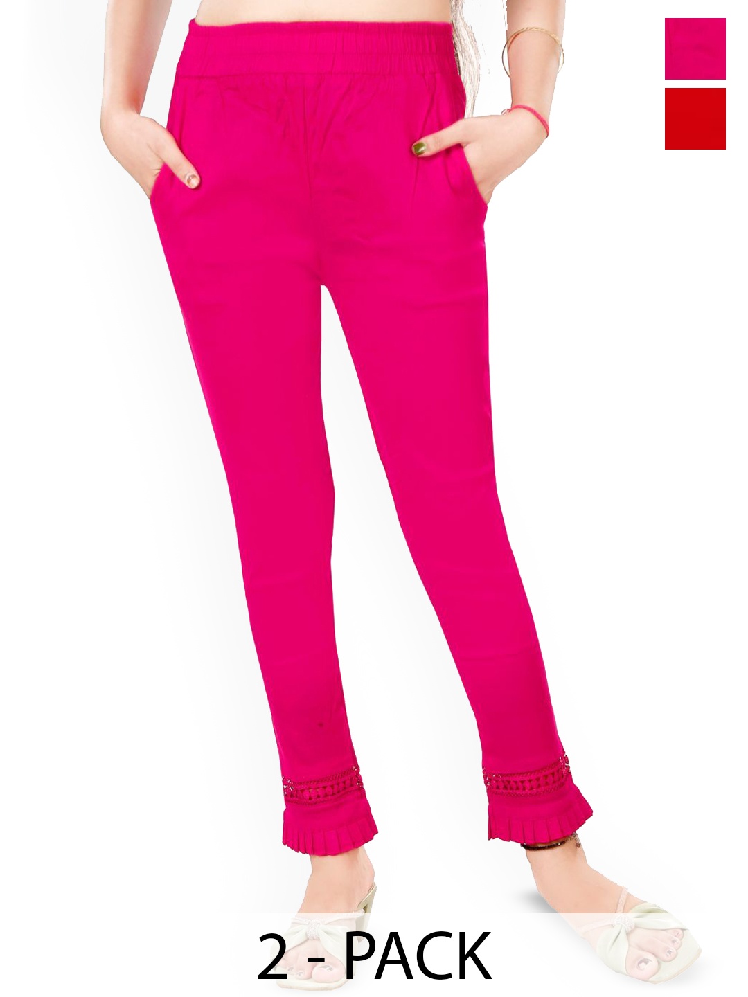 

Fessist Women Pack Of 2 Relaxed Slim Fit Easy Wash Pleated Cigarette Trousers, Multi