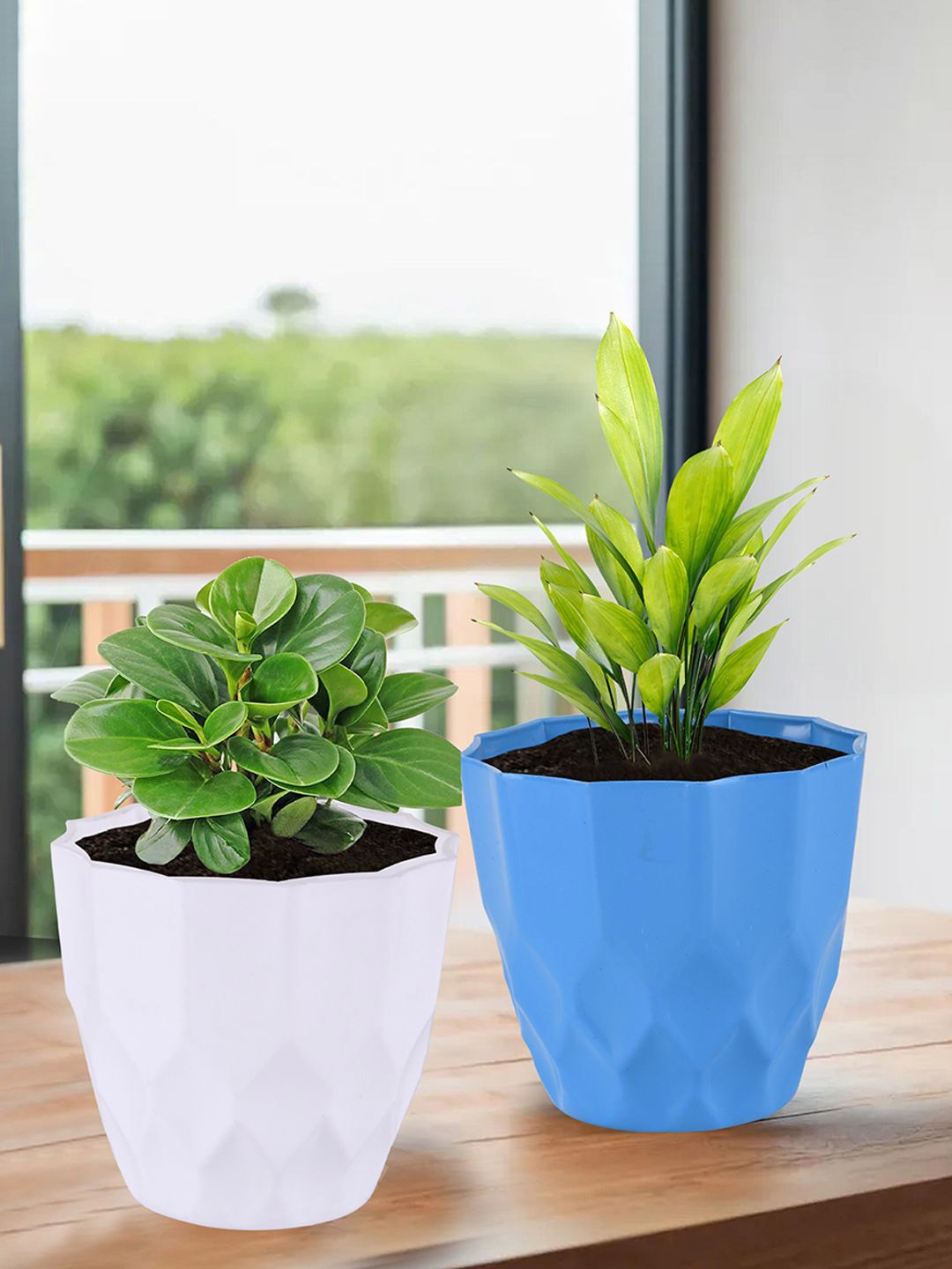 

Kuber Industries White & Blue 2 Pieces Textured Planters