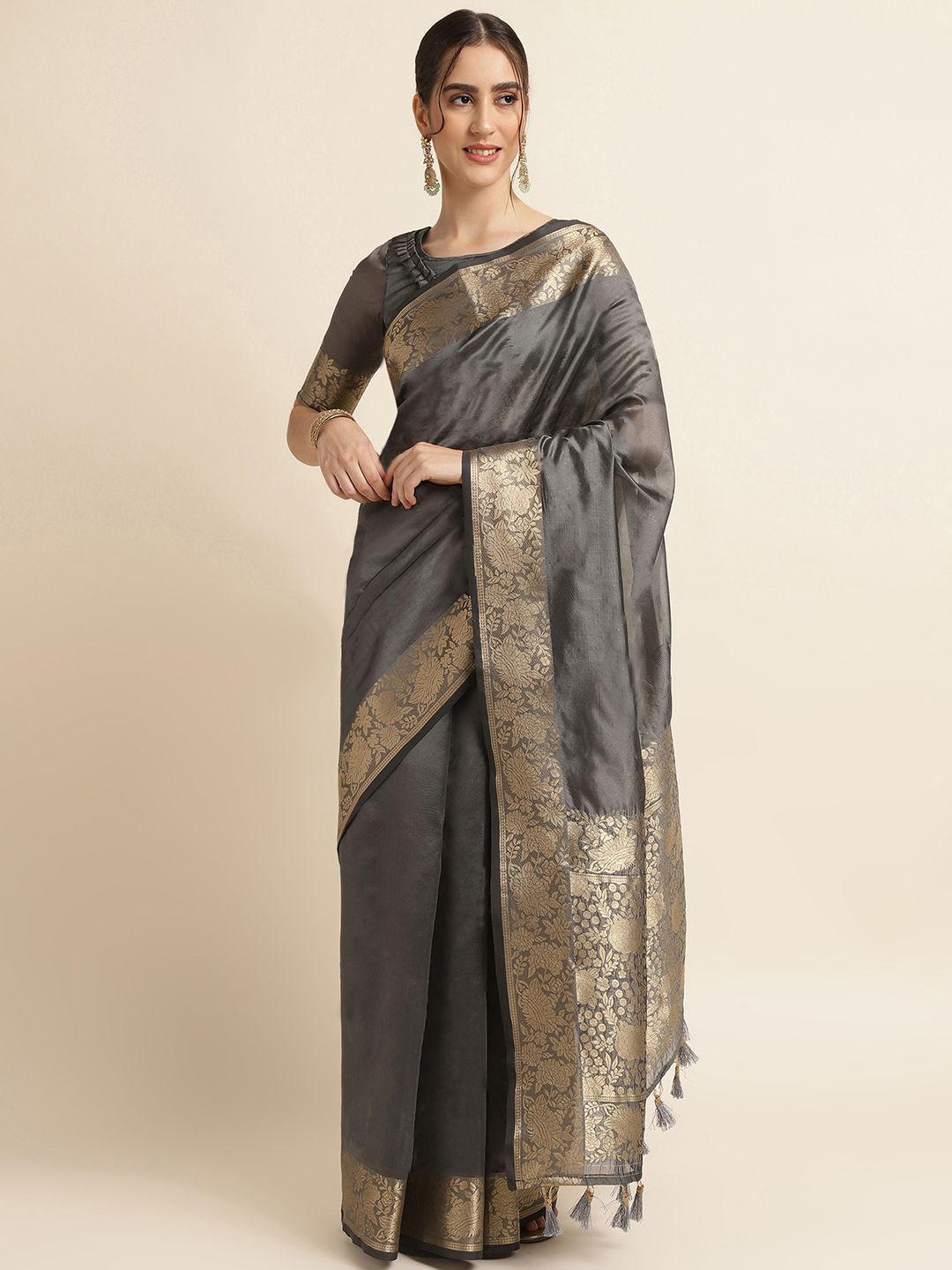 

DIVASTRI Woven Design Zari Organza Banarasi Saree, Grey