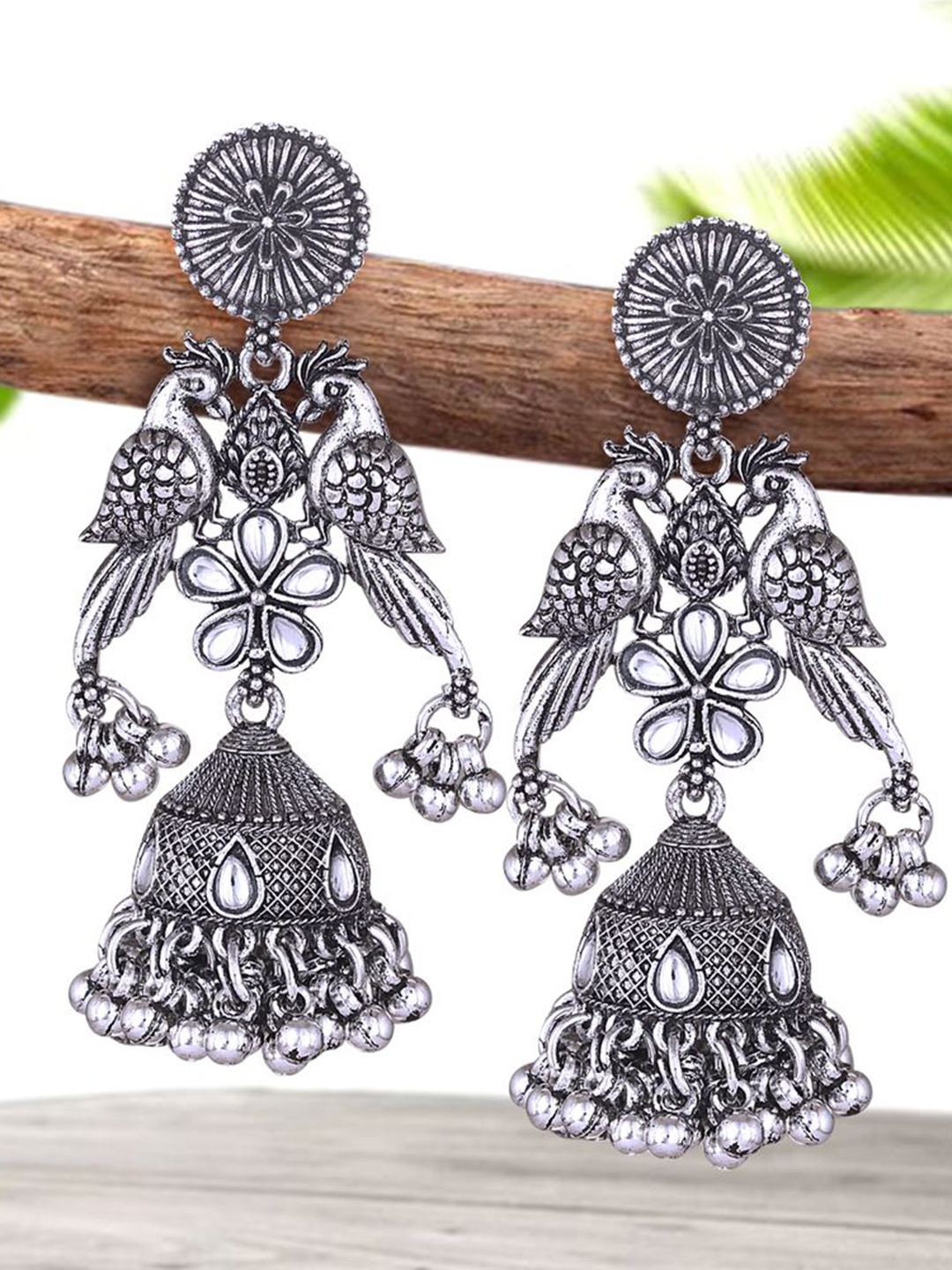 

DIVASTRI Silver-Plated Pearls Beaded & Kundan Studded Peacock Shaped Oxidised Jhumkas