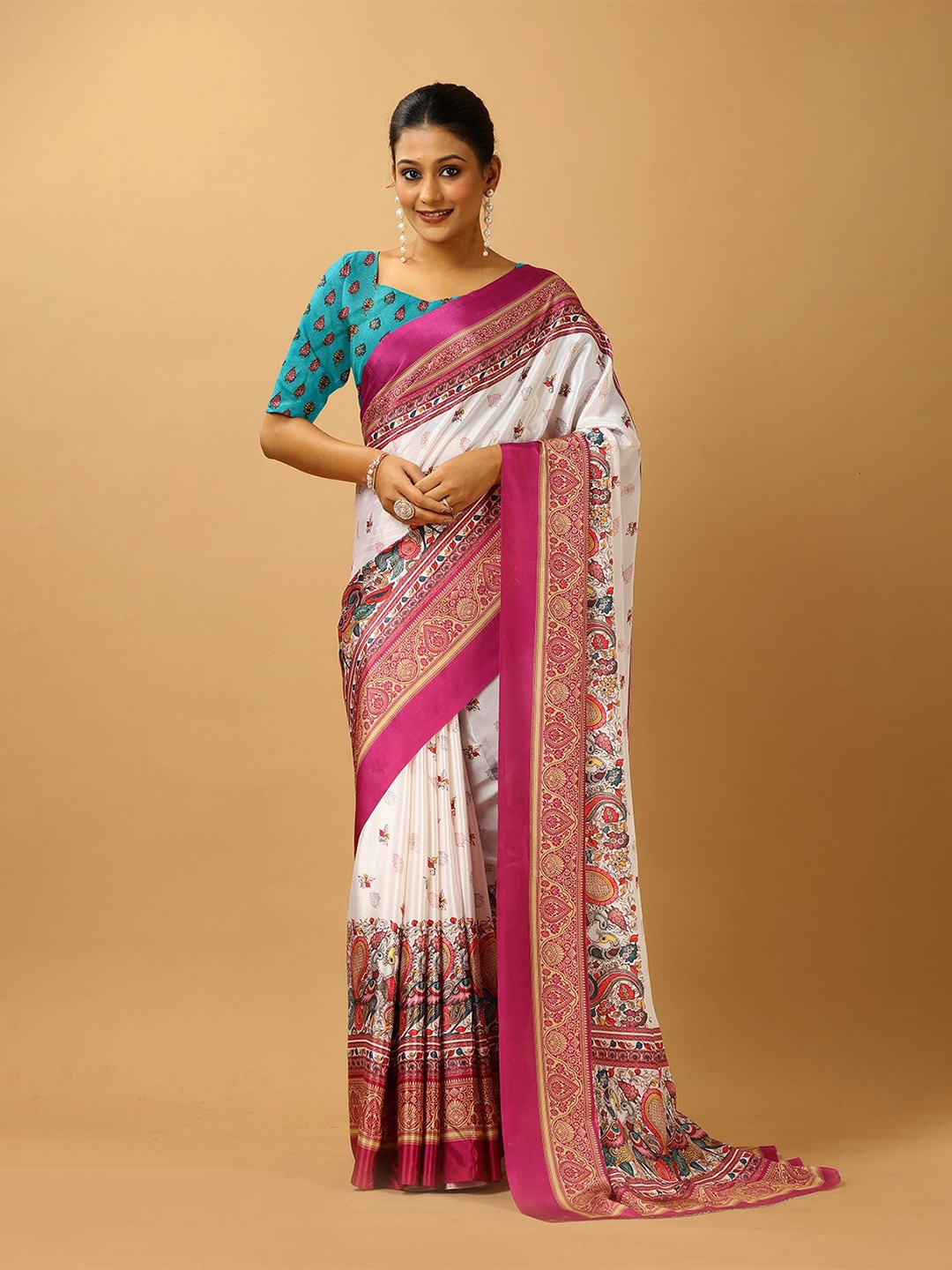 

A.V.M. SILK MILLS Floral Printed Pure Crepe Saree, White