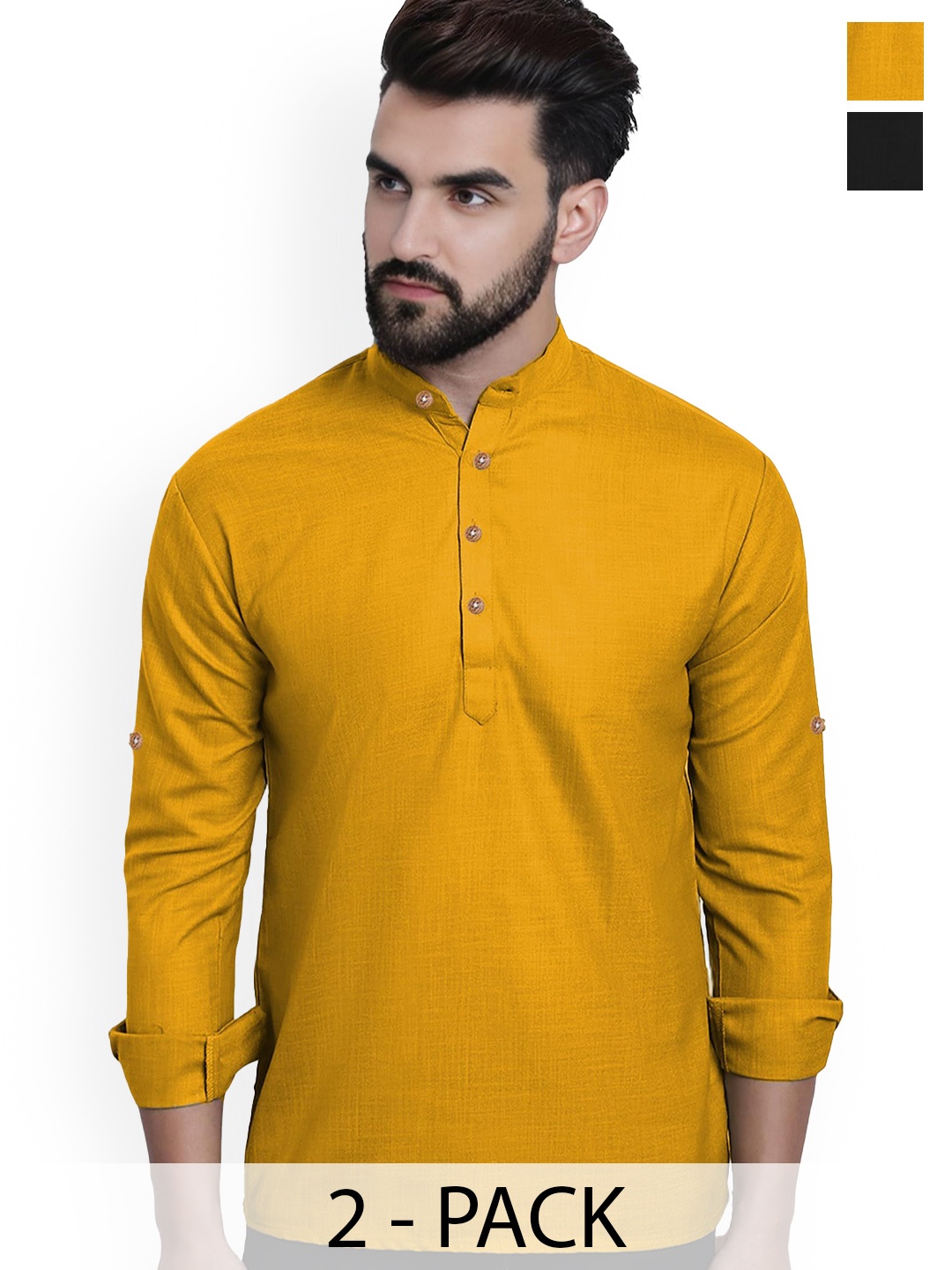 

Vida Loca Selection Of 2 Mandarin Collar Cotton Straight Short Kurtas, Yellow