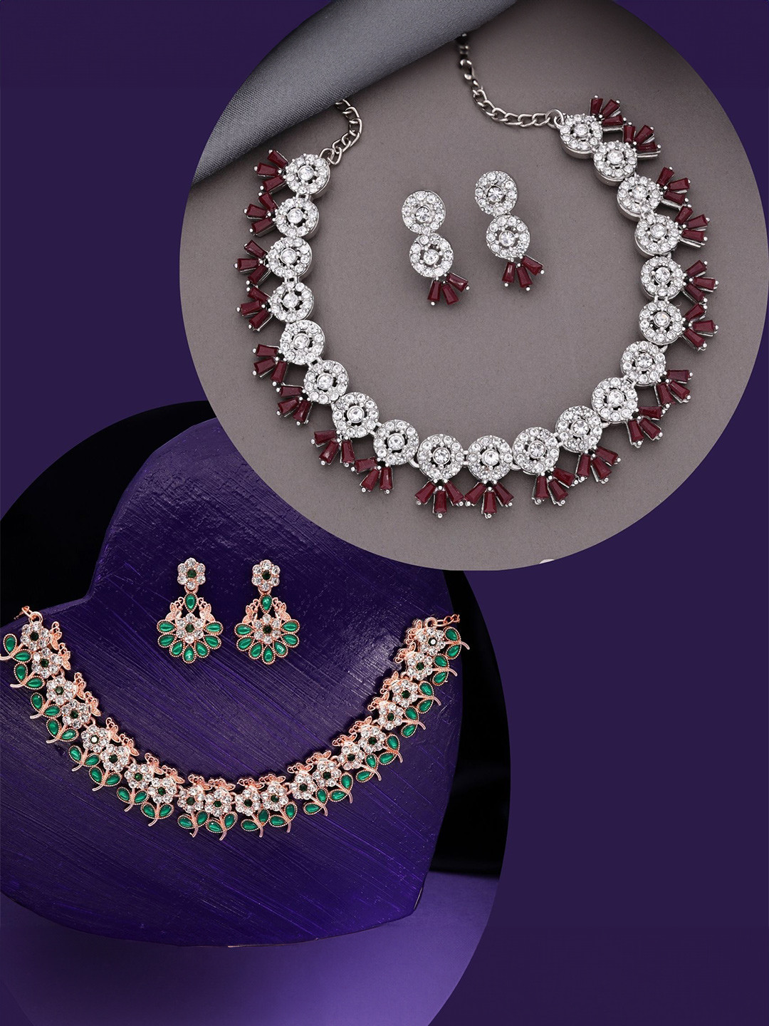

DIVASTRI Set Of 2 Gold Plated American Diamond-Studded Jewellery Sets, Rose gold