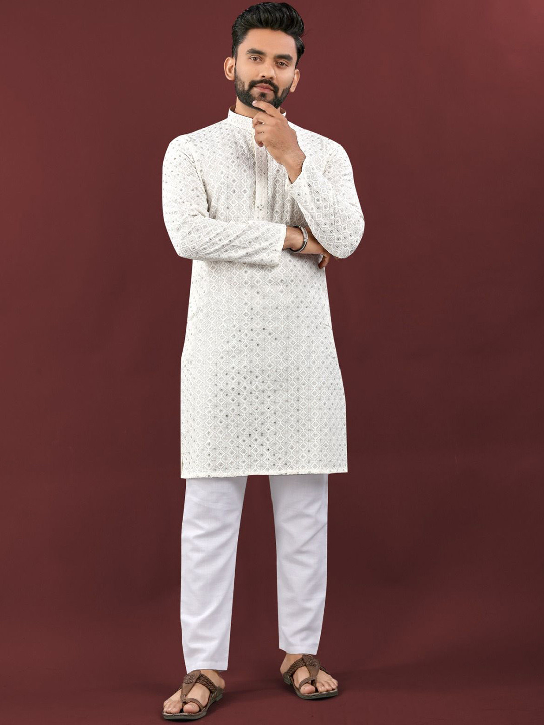 

Zurika Fashion Geometric Embroidered Mandarin Collar Straight Kurta, White
