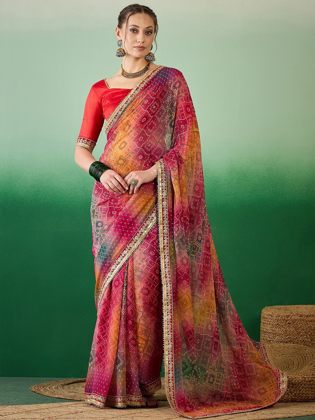 

DIVASTRI Bandhani Embroidered Pure Georgette Bandhani Saree, Pink