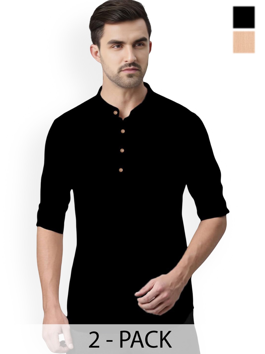 

Vida Loca Selection Of 2 Band Collar Rolled-Up Sleeves Slim Fit Pure Cotton Short Kurta, Black