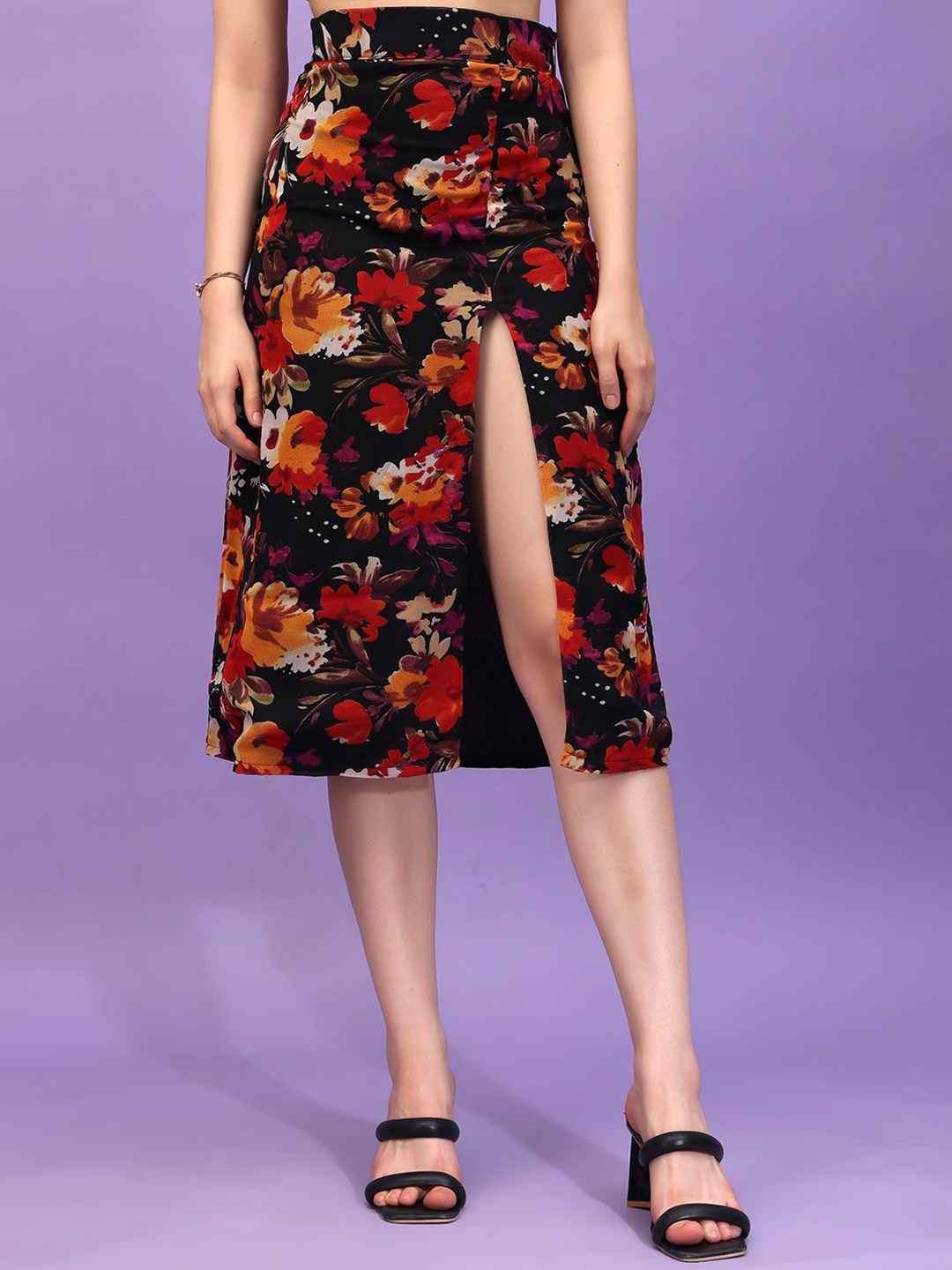 

Moda Rapido Printed Side Slit Midi Skirt, Black