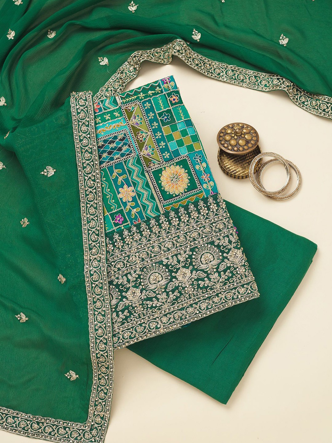 

Koskii Ethnic Motifs Embroidered Beads and Stones Unstitched Dress Material, Green
